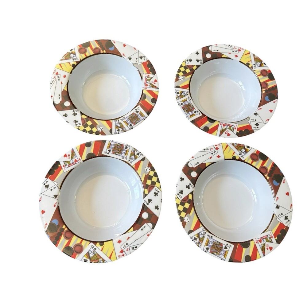 Gibson Casino Playing Cards Popcorn Cereal Bowls Set of 4 Poker Chips Vegas